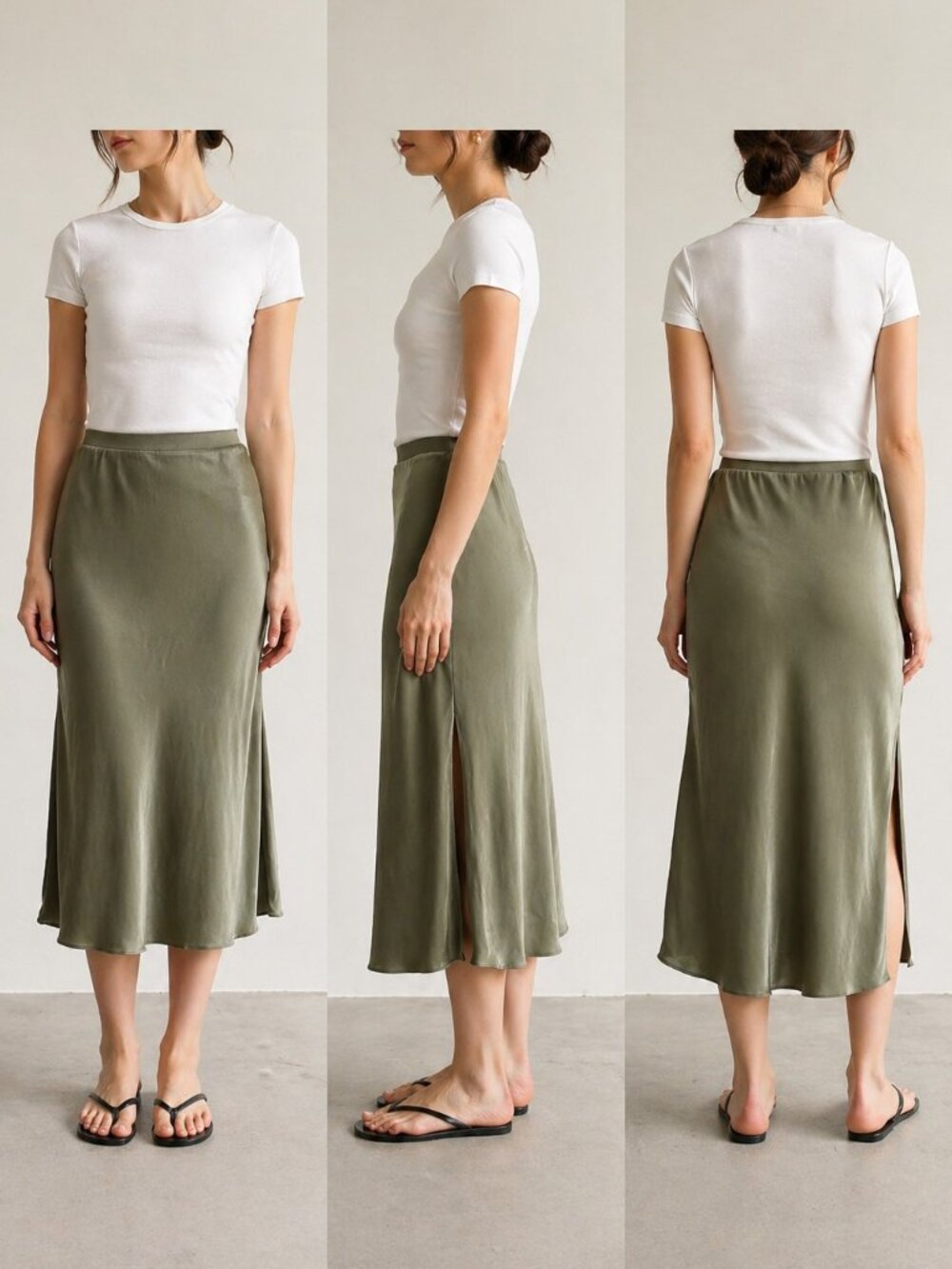 Unsubscribed Olive Green Silk Midi Skirt With Slits